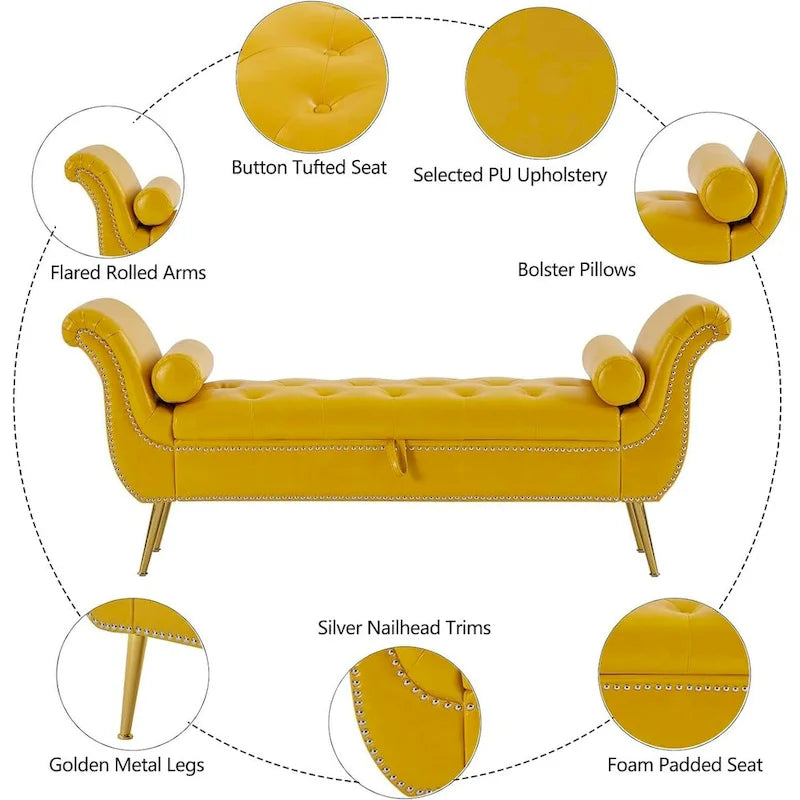 Banc de rangement ottoman avec accoudoirs roulés et capitonnage à boutons