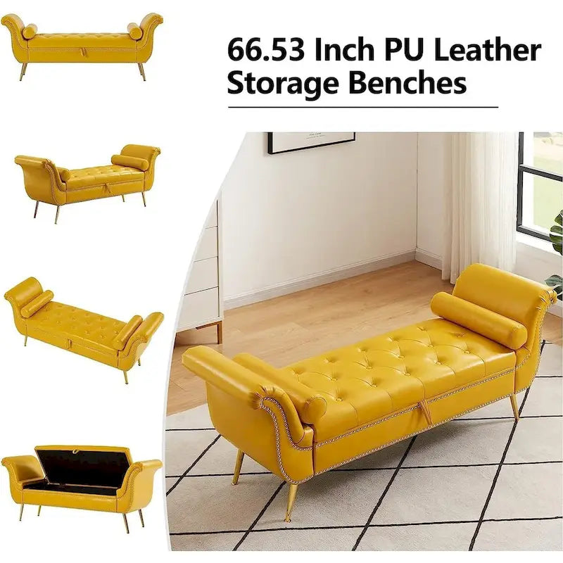 Banc de rangement ottoman avec accoudoirs roulés et capitonnage à boutons