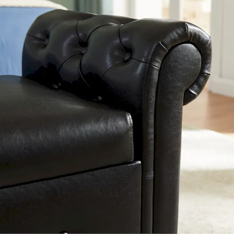 Banc de rangement ottoman avec accoudoirs roulés et capitonnage à boutons