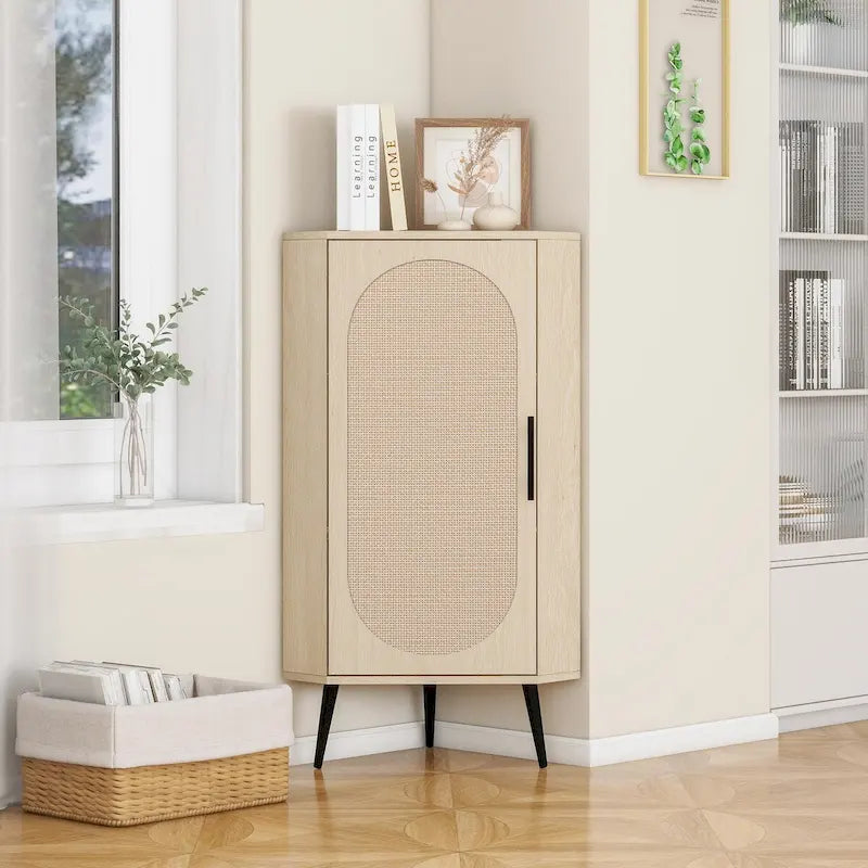 Meuble d'angle avec porte en rotin – Étagère de rangement autoportante pour salon, cuisine, chambre