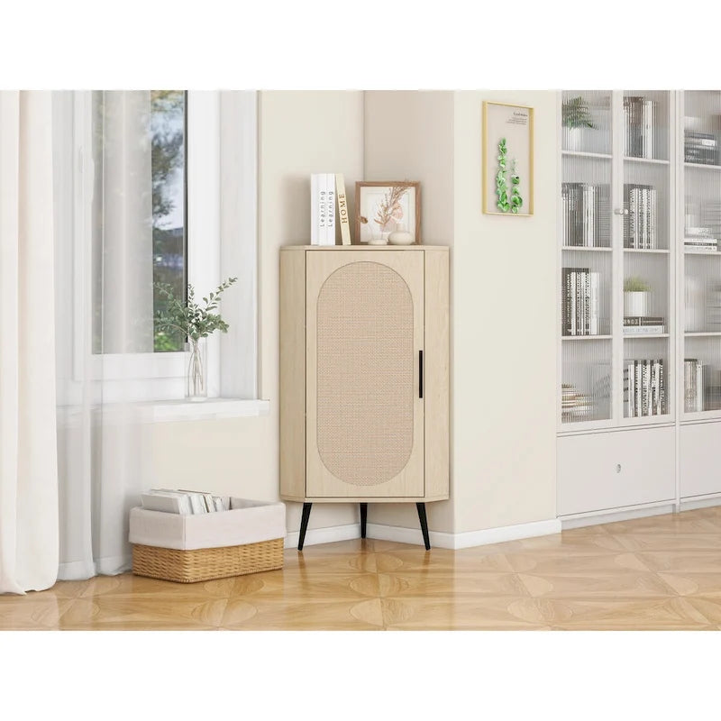 Meuble d'angle avec porte en rotin – Étagère de rangement autoportante pour salon, cuisine, chambre