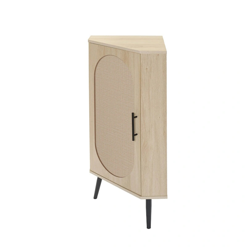 Meuble d'angle avec porte en rotin – Étagère de rangement autoportante pour salon, cuisine, chambre