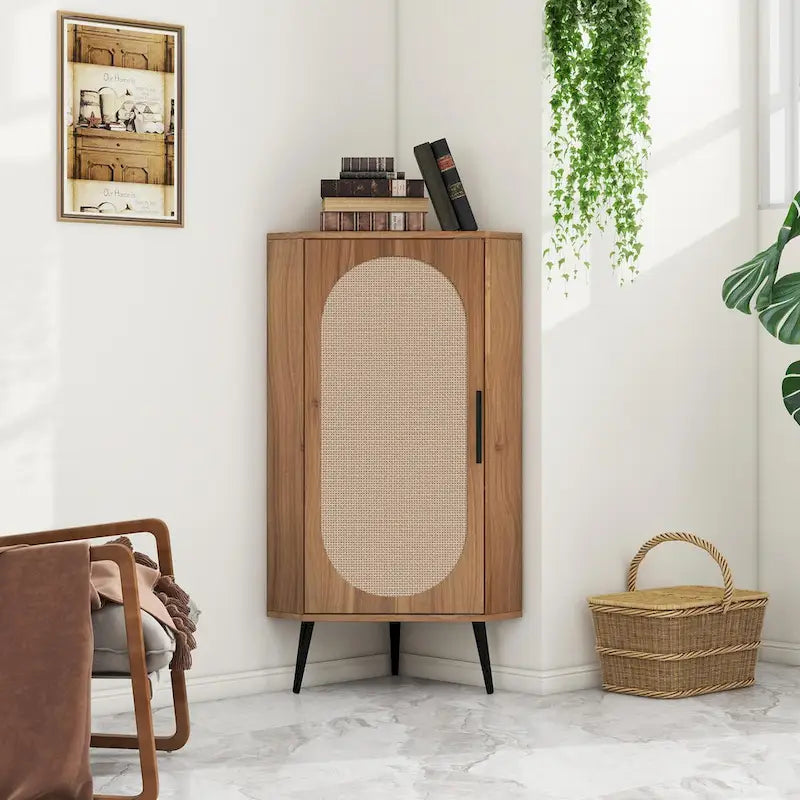 Meuble d'angle avec porte en rotin – Étagère de rangement autoportante pour salon, cuisine, chambre
