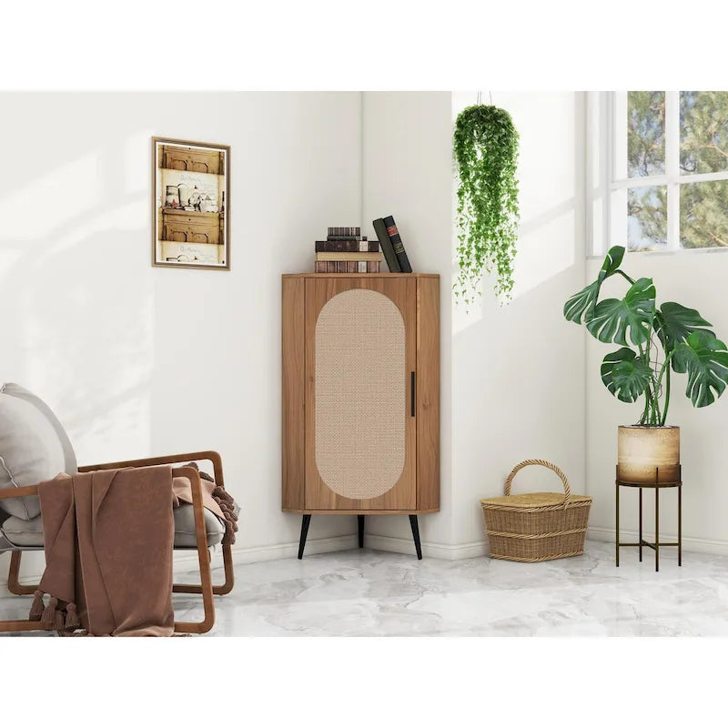 Meuble d'angle avec porte en rotin – Étagère de rangement autoportante pour salon, cuisine, chambre