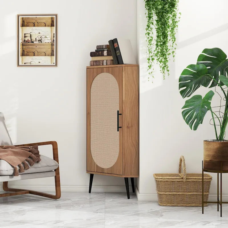 Meuble d'angle avec porte en rotin – Étagère de rangement autoportante pour salon, cuisine, chambre