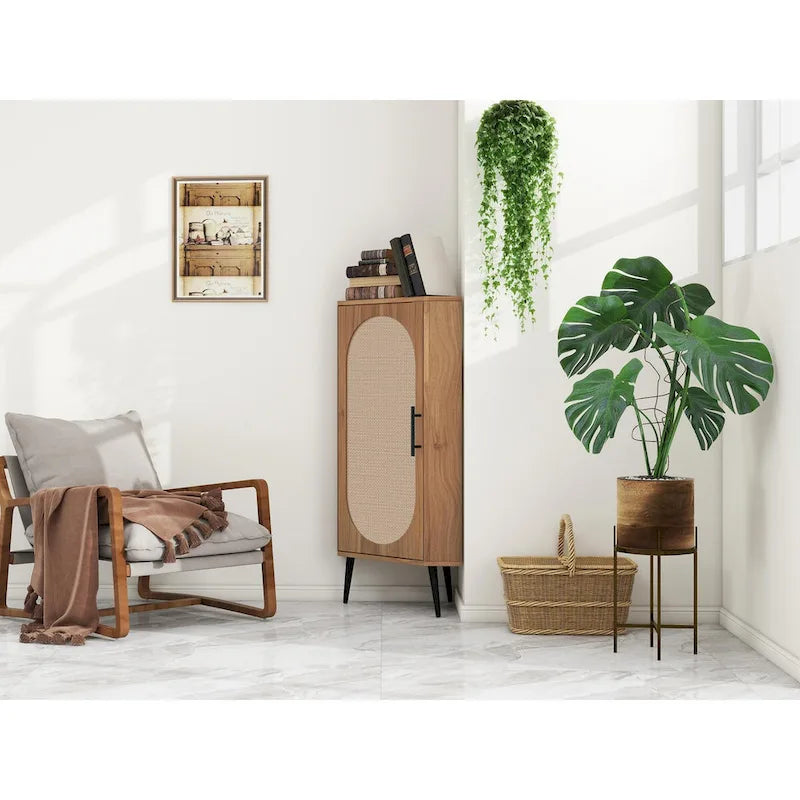 Meuble d'angle avec porte en rotin – Étagère de rangement autoportante pour salon, cuisine, chambre
