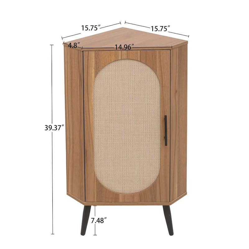 Meuble d'angle avec porte en rotin – Étagère de rangement autoportante pour salon, cuisine, chambre