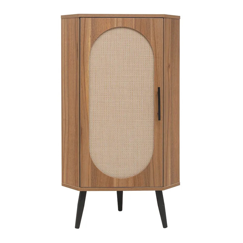 Meuble d'angle avec porte en rotin – Étagère de rangement autoportante pour salon, cuisine, chambre
