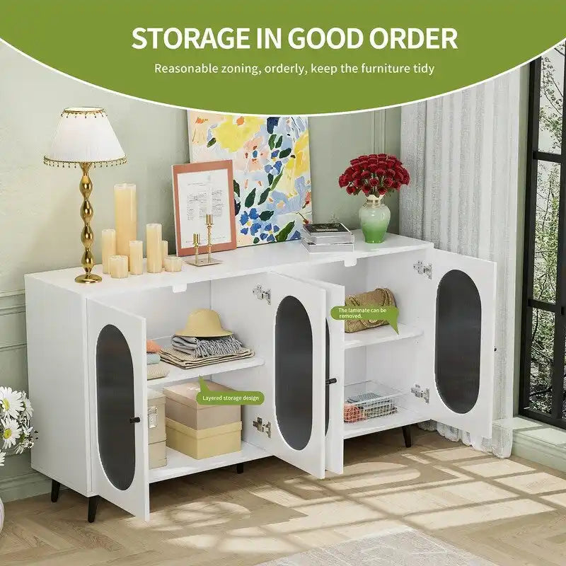 Buffet de rangement moderne et minimaliste avec 4 portes en acrylique et étagères réglables