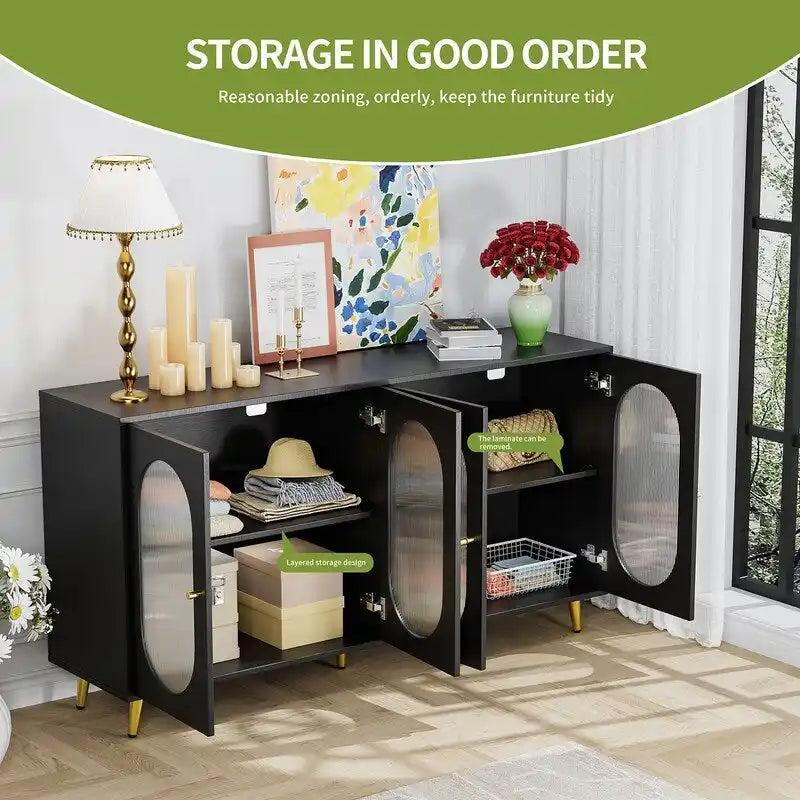 Buffet de rangement moderne et minimaliste avec 4 portes en acrylique et étagères réglables