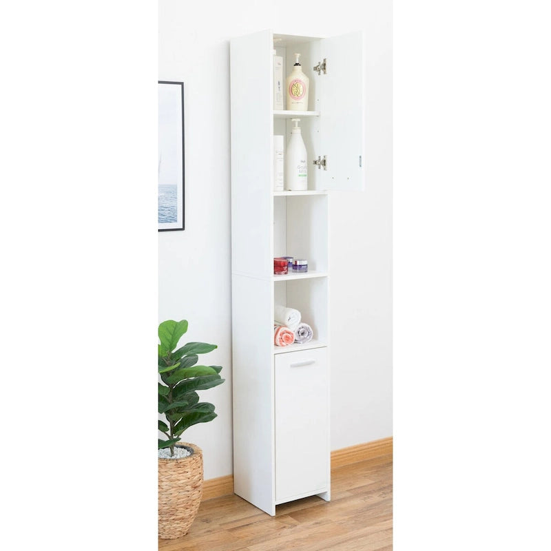 Meuble de rangement haut et étroit pour salle de bain avec étagères ouvertes et fermées, Blanc