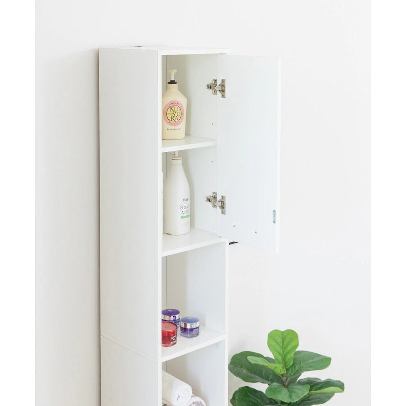 Meuble de rangement haut et étroit pour salle de bain avec étagères ouvertes et fermées, Blanc