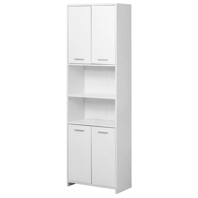 Meuble de rangement haut et étroit pour salle de bain avec étagères ouvertes et fermées, Blanc