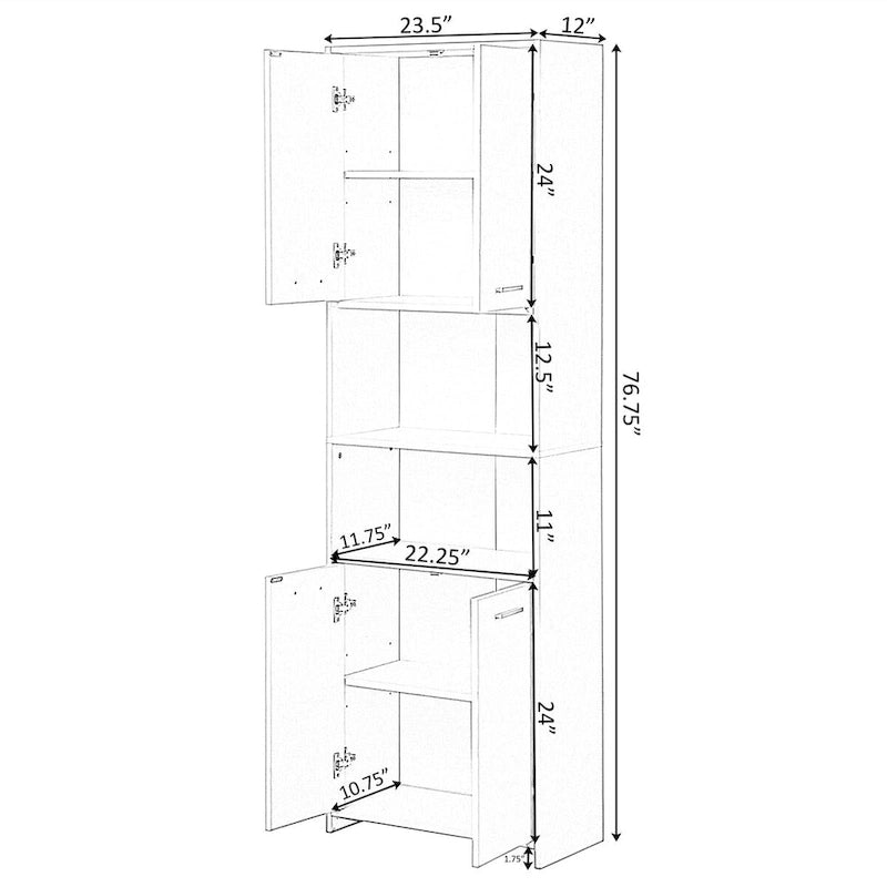 Meuble de rangement haut et étroit pour salle de bain avec étagères ouvertes et fermées, Blanc