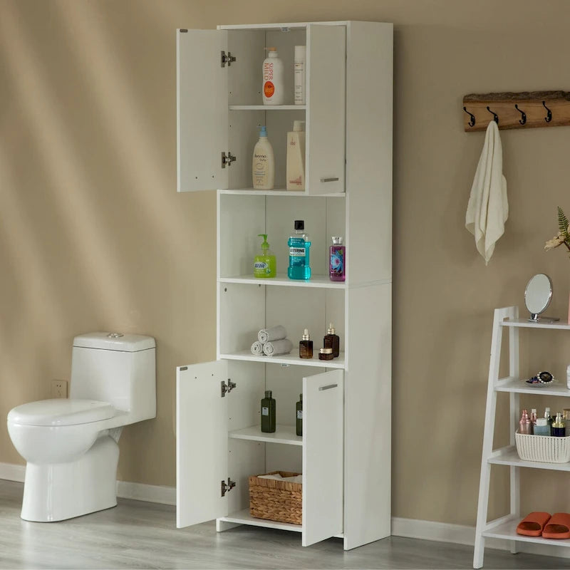 Meuble de rangement haut et étroit pour salle de bain avec étagères ouvertes et fermées, Blanc