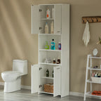 Meuble de rangement haut et étroit pour salle de bain avec étagères ouvertes et fermées, Blanc