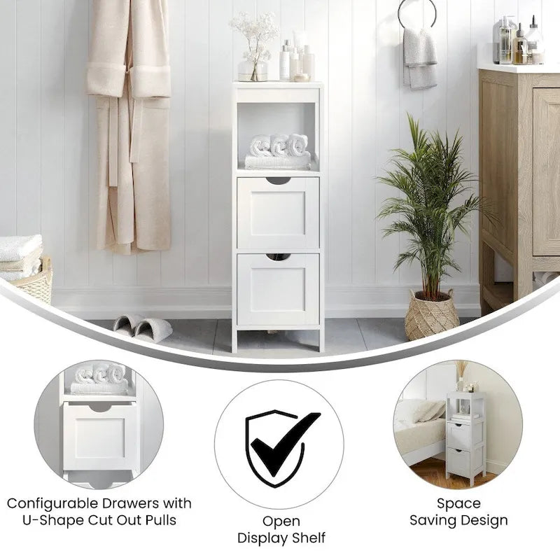 Organisateur de rangement sur pied avec 2 tiroirs et étagère ouverte