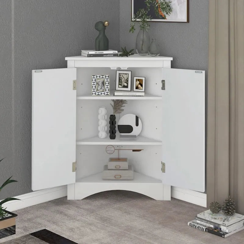 Meuble de rangement d'angle blanc avec étagères réglables