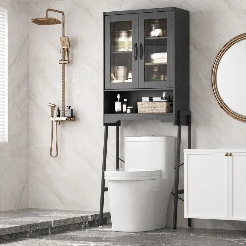 Meuble de Rangement Sur Pieds au-dessus des Toilettes avec Porte en Verre Trempé - 23,6L x 9,4P x 66,5H