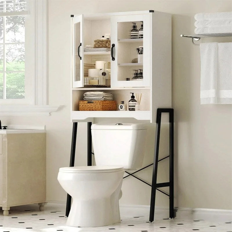 Meuble de Rangement Sur Pieds au-dessus des Toilettes avec Porte en Verre Trempé - 23,6L x 9,4P x 66,5H