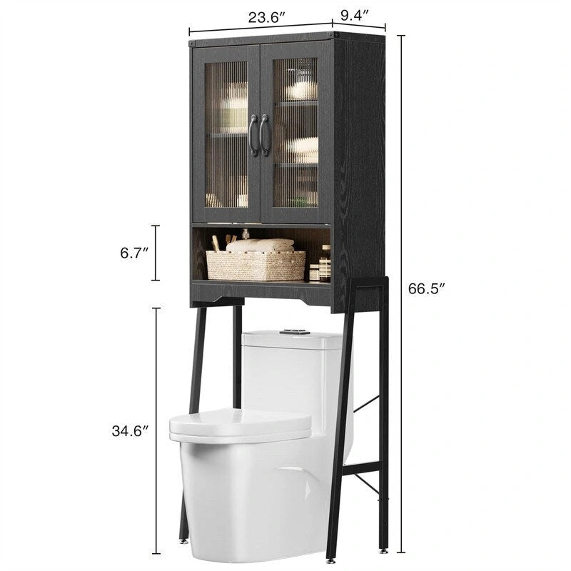 Meuble de Rangement Sur Pieds au-dessus des Toilettes avec Porte en Verre Trempé - 23,6L x 9,4P x 66,5H
