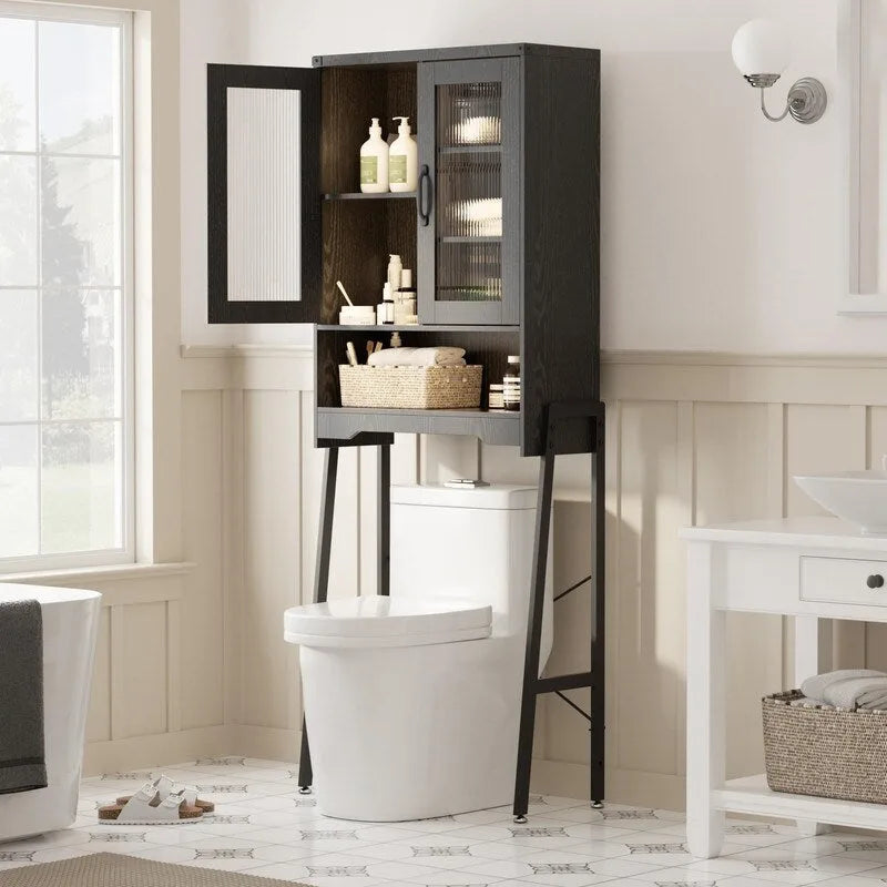 Meuble de Rangement Sur Pieds au-dessus des Toilettes avec Porte en Verre Trempé - 23,6L x 9,4P x 66,5H