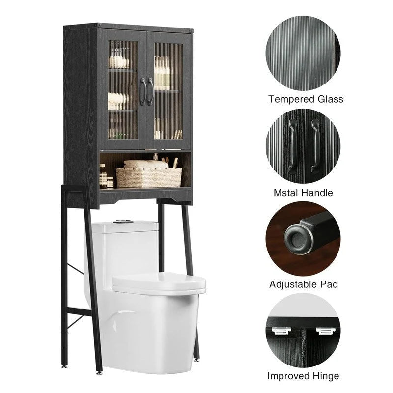 Meuble de Rangement Sur Pieds au-dessus des Toilettes avec Porte en Verre Trempé - 23,6L x 9,4P x 66,5H