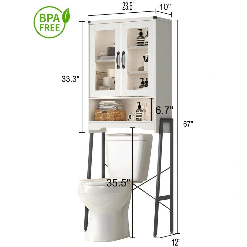 Meuble de Rangement Sur Pieds au-dessus des Toilettes avec Porte en Verre Trempé - 23,6L x 9,4P x 66,5H