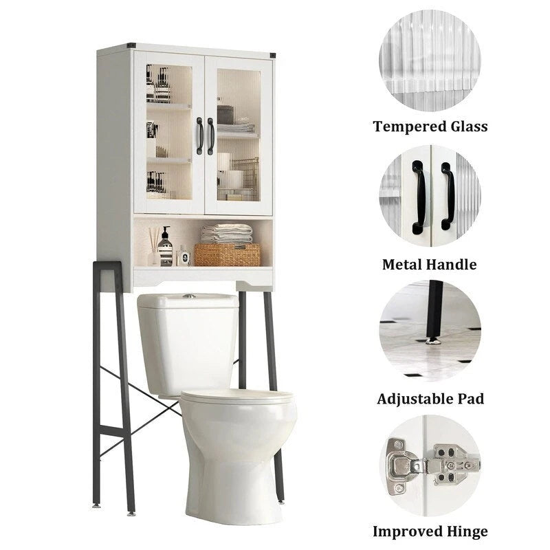 Meuble de Rangement Sur Pieds au-dessus des Toilettes avec Porte en Verre Trempé - 23,6L x 9,4P x 66,5H