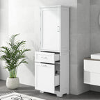 68 Meuble de salle de bain haut en bois blanc à 1 porte avec tiroirs et étagère réglable