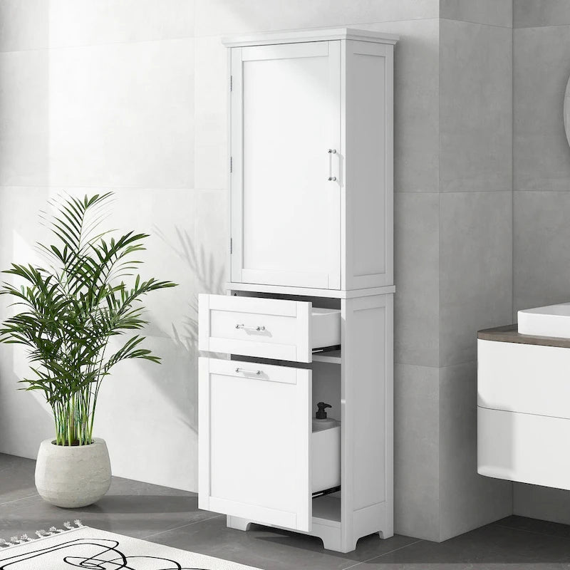 68 Meuble de salle de bain haut en bois blanc à 1 porte avec tiroirs et étagère réglable