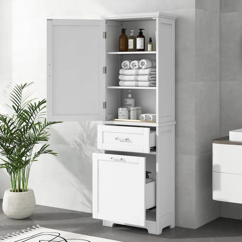 68 Meuble de salle de bain haut en bois blanc à 1 porte avec tiroirs et étagère réglable