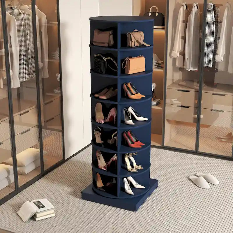 Meuble à chaussures rotatif à 360° – 7 niveaux, Bleu Marine