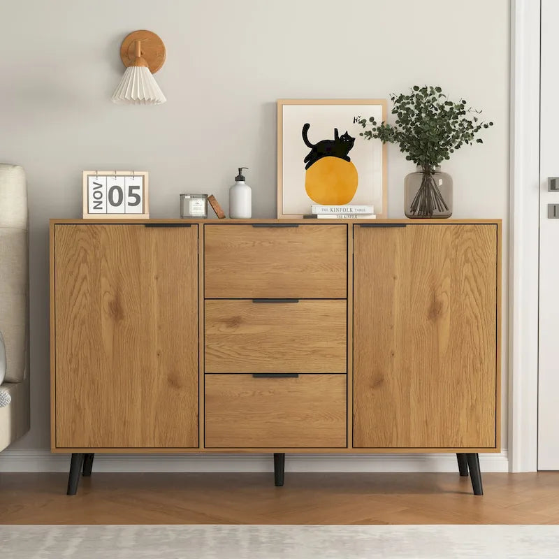Buffet de salle à manger avec 3 tiroirs et 2 portes, meuble de rangement de cuisine de 120 cm, Naturel
