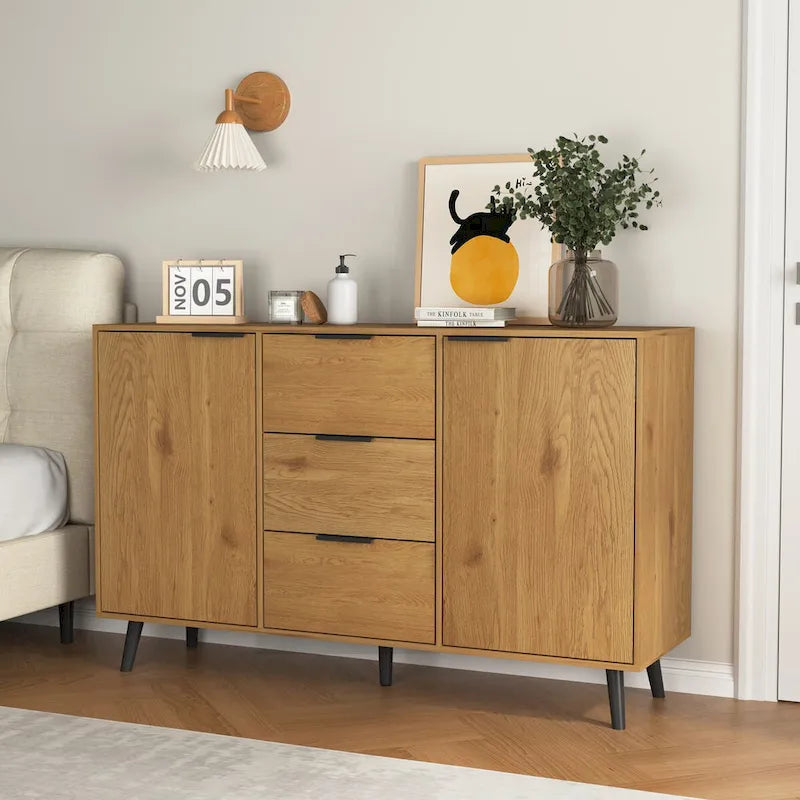 Buffet de salle à manger avec 3 tiroirs et 2 portes, meuble de rangement de cuisine de 120 cm, Naturel