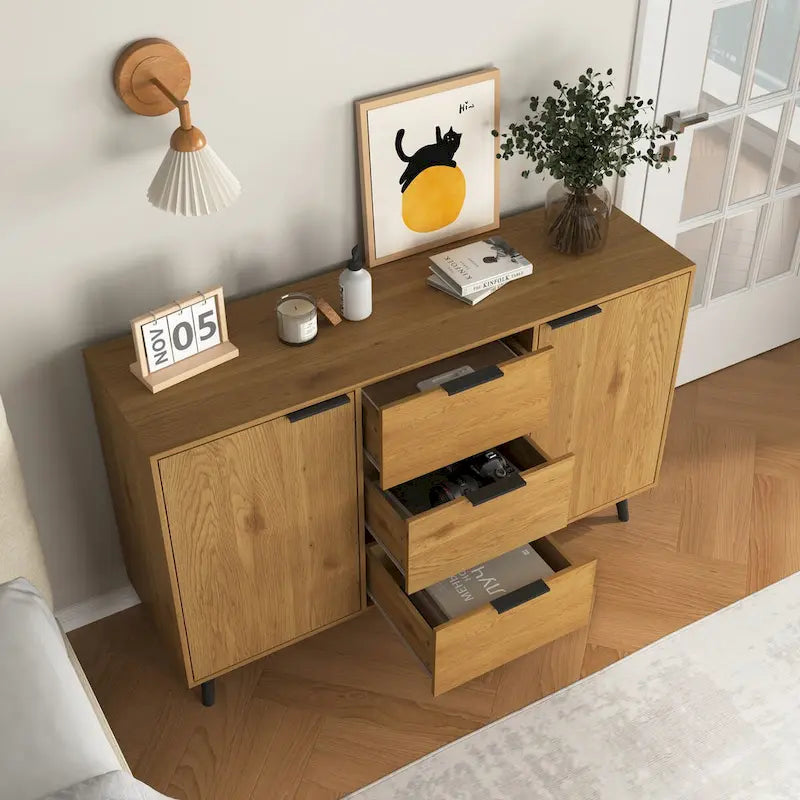 Buffet de salle à manger avec 3 tiroirs et 2 portes, meuble de rangement de cuisine de 120 cm, Naturel