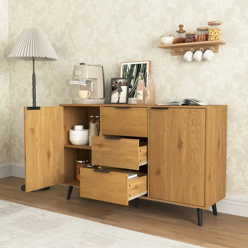 Buffet de salle à manger avec 3 tiroirs et 2 portes, meuble de rangement de cuisine de 120 cm, Naturel