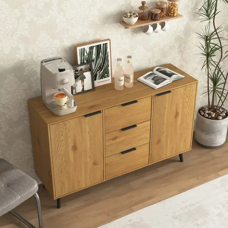 Buffet de salle à manger avec 3 tiroirs et 2 portes, meuble de rangement de cuisine de 120 cm, Naturel