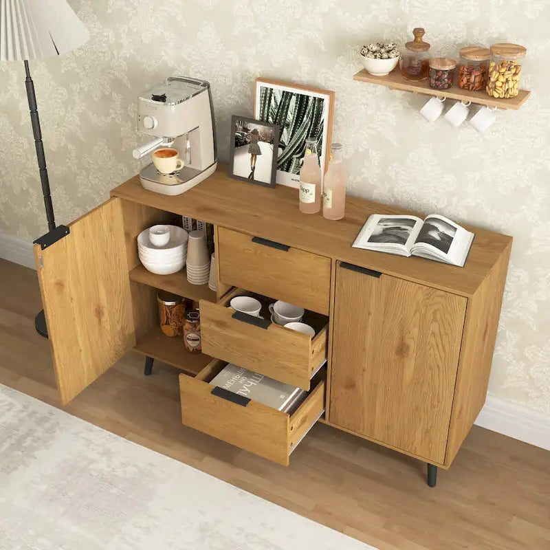 Buffet de salle à manger avec 3 tiroirs et 2 portes, meuble de rangement de cuisine de 120 cm, Naturel
