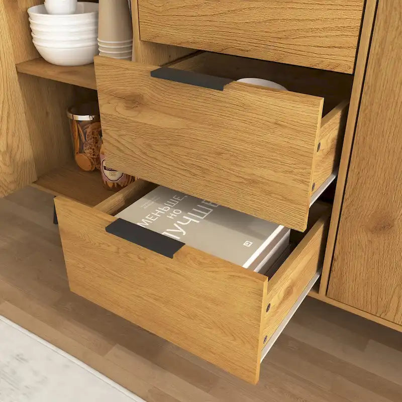 Buffet de salle à manger avec 3 tiroirs et 2 portes, meuble de rangement de cuisine de 120 cm, Naturel