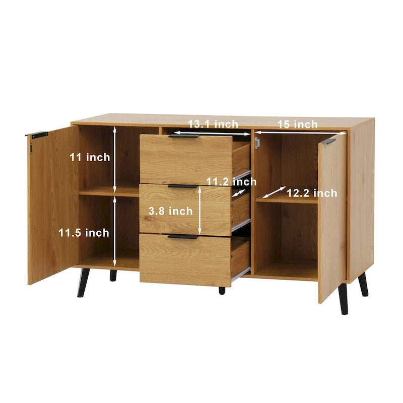 Buffet de salle à manger avec 3 tiroirs et 2 portes, meuble de rangement de cuisine de 120 cm, Naturel
