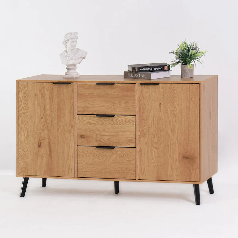 Buffet de salle à manger avec 3 tiroirs et 2 portes, meuble de rangement de cuisine de 120 cm, Naturel