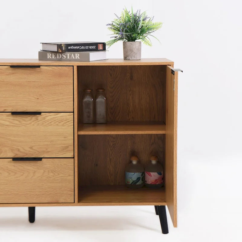 Buffet de salle à manger avec 3 tiroirs et 2 portes, meuble de rangement de cuisine de 120 cm, Naturel