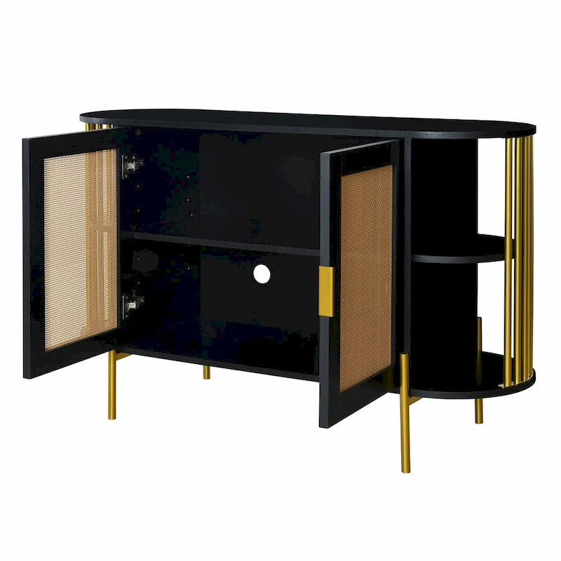 Meuble bas incurvé à 2 portes avec portes en rotin